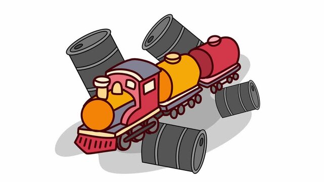 retro steam train engine pulling fuel tanker cars and barrels