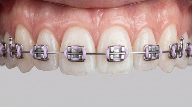 Orthodontic braces closeup. Close examination of orthodontic hardware on tooth surfaces