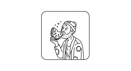 Fototapeta premium Homeless Man Enjoying a Slice of Watermelon, Line Art Illustration