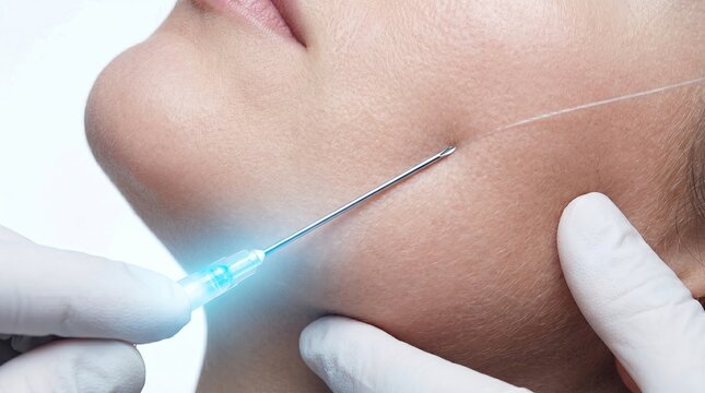 macro aesthetic of gloved hands inserting dissolvable PDO threads under skin for lifting procedure