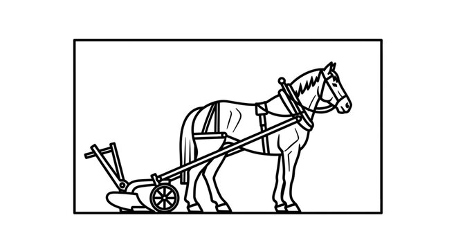 Horse pulling a plow, vintage farming equipment, agricultural scene, black and white illustration