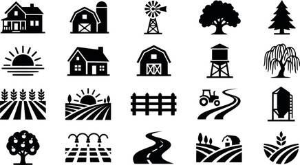 Fototapeta premium Collection of black farm and countryside icons featuring a house, barn, windmill, silo, water tower, trees, wheat field, and sun in a clean minimalist silhouette style