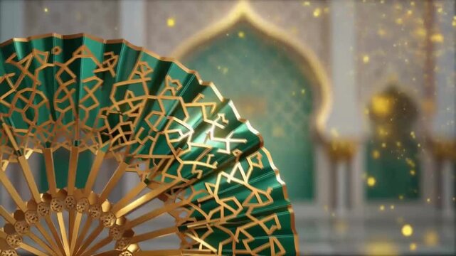 Close up ornamental fan with gold and green patterns against blurred background of Islamic building with dome and arches