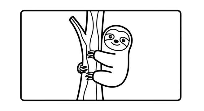 Cute cartoon sloth hanging on a tree branch, simple line art, black and white illustration