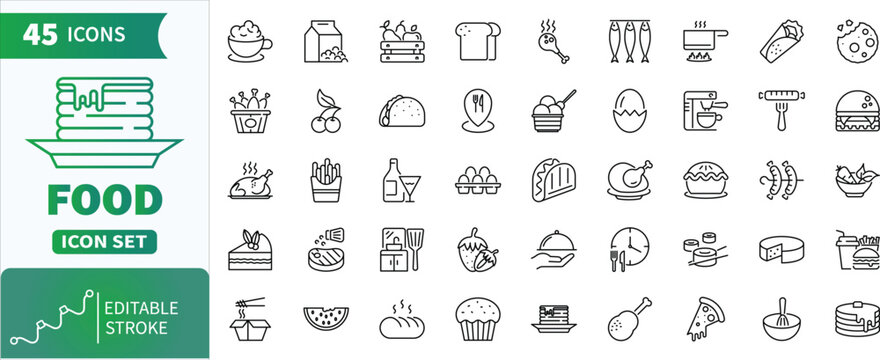 Food outline icon set . Collection of different dishes, ingredients, and restaurant-related items with editable stroke