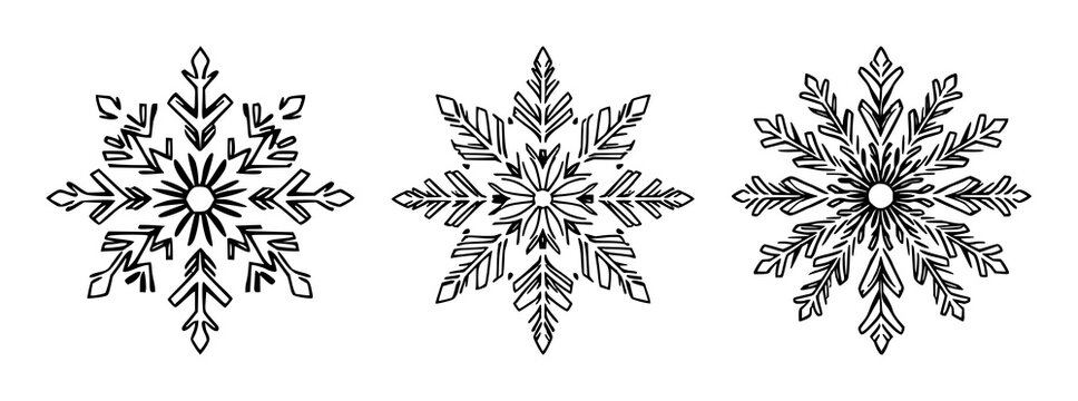 Snowflake set with black line art design on white background featuring winter, nature, ornamental with geometry and symmetry