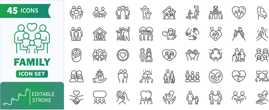 Family line icons seti . Collection of Icons representing family, love, care, community, parenting, and support