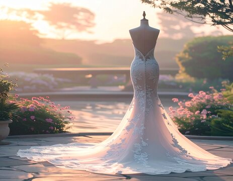 夕暮れの石畳テラスとプールにマーメイドドレス背面