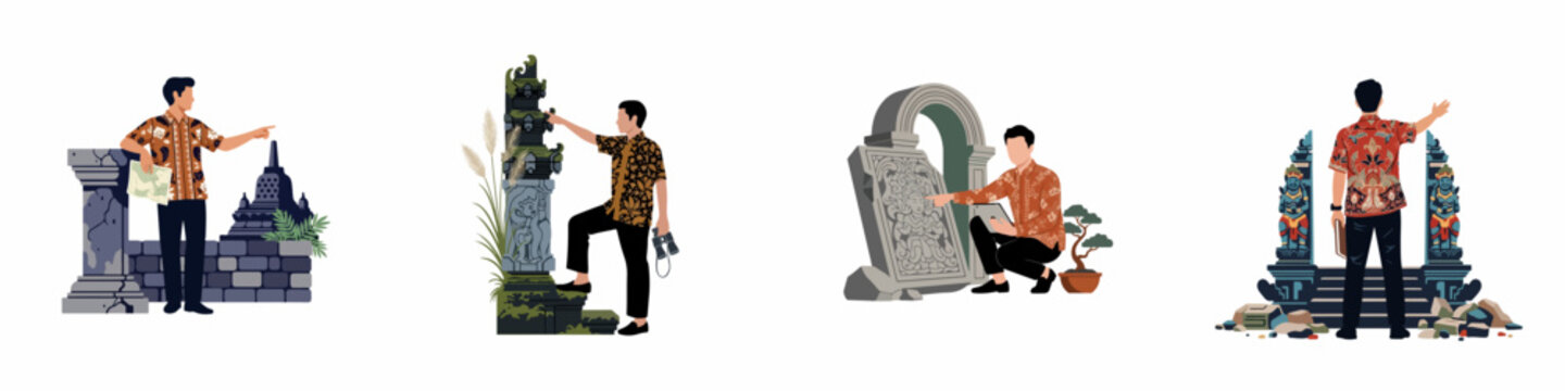 Set of Illustrations Depicting a Man in Batik Exploring Ancient Indonesian Temples and Archaeological Sites