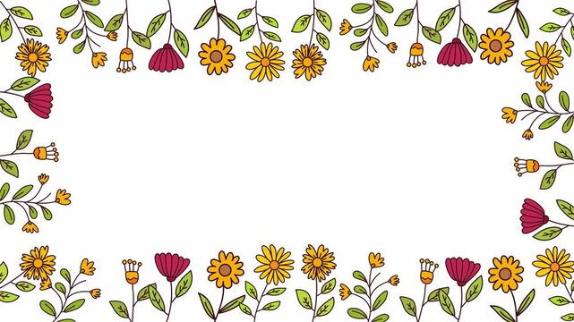 colorful floral frame border with spring flowers and green leaves