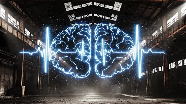 A dimly lit industrial warehouse interior with a glowing blue brain-shaped light installation