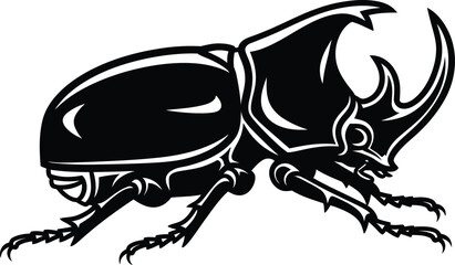 Stylized black and white illustration of a rhinoceros beetle. © Vhya