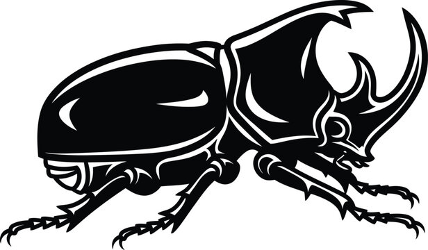 Stylized black and white illustration of a rhinoceros beetle.