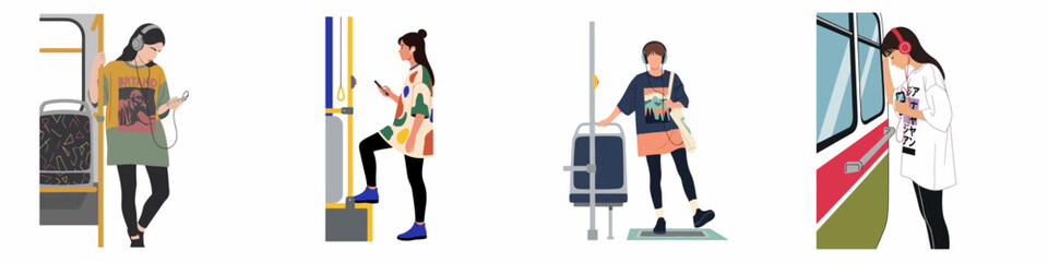 Set of illustrations showing young people commuting on public transport, wearing headphones and using smartphones while traveling by bus or train. © Mustajib