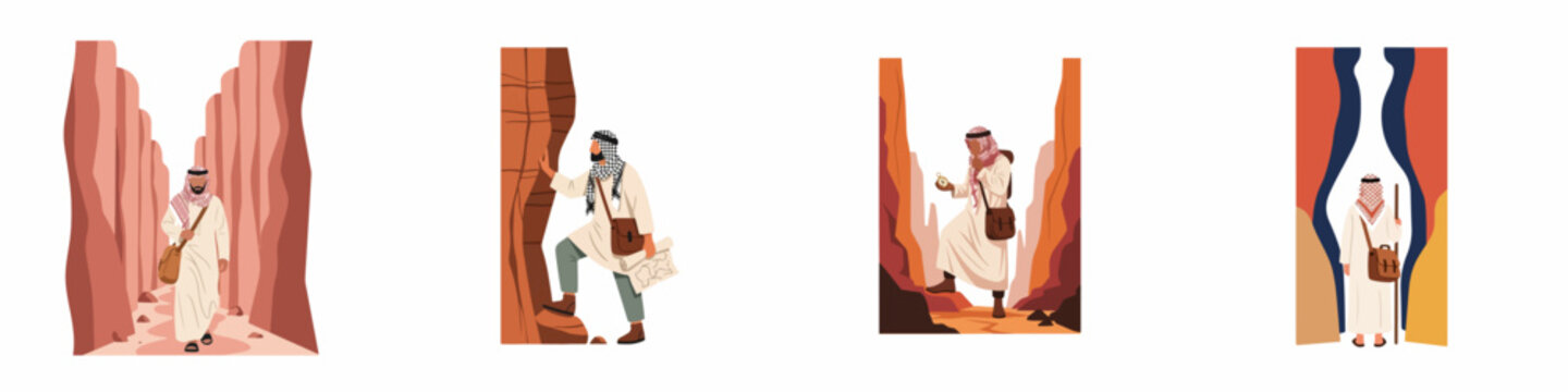 Illustrations of an Arab traveler exploring desert canyons, navigating with a map and compass, and trekking through arid landscapes.