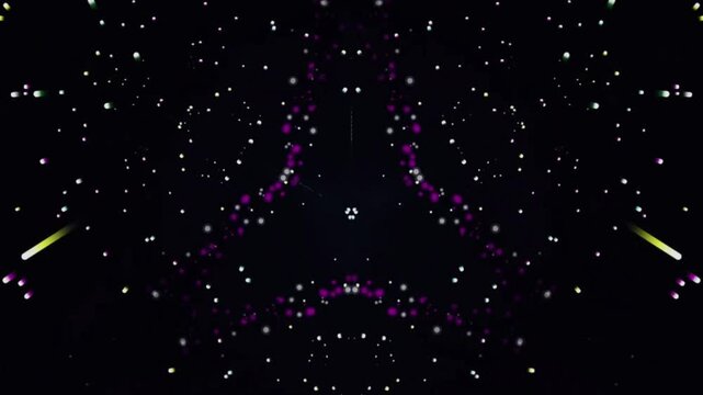 A symmetrical abstraction with a pitch-black background that creates the impression of space depth or a digital dimension. The main elements consist of two large cyan (greenish-blue) points of light