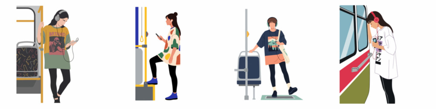 Set of illustrations showing young people commuting on public transport, wearing headphones and using smartphones while traveling by bus or train.