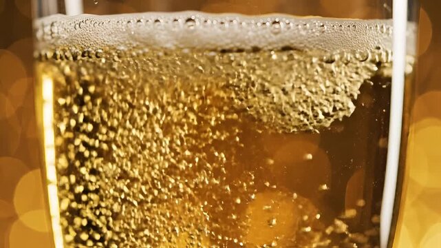 Closeup of champagne bubbles rising in a glass with bokeh background.
