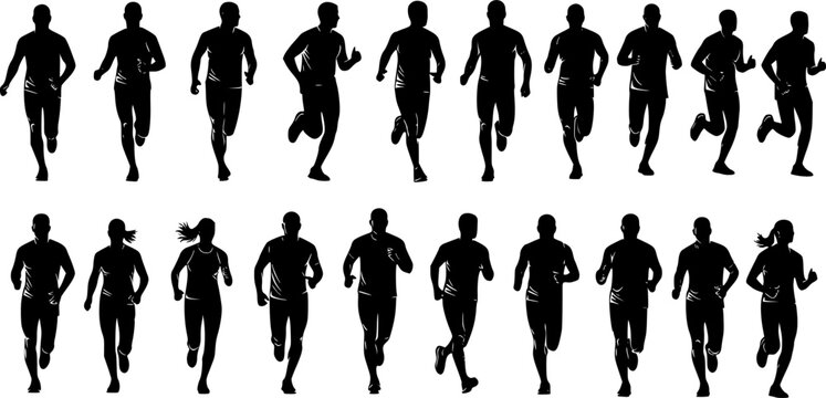 Running men and women, isolated vector silhouettes. Run, side view. Silhouettes of athletic looking male and female runners running. Transparent EPS version.