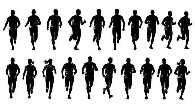 Running men and women, isolated vector silhouettes. Run, side view. Silhouettes of athletic looking male and female runners running. Transparent PNG version.