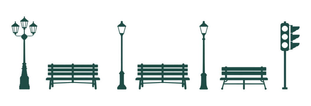 Park and street furniture icons, benches, street lamps, and urban public space elements, simple modern flat vector icon pack