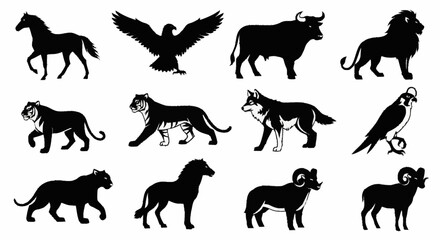 Obraz premium Simple set of black horse silhouettes in vector style showing various running and standing horses in nature and farm settings