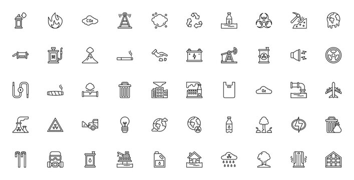 Pollution icon set. Environmental vector icons pack. Includes aerosol, CO2, recycling, biohazard, global warming, factory, deforestation and more. Editable stroke.