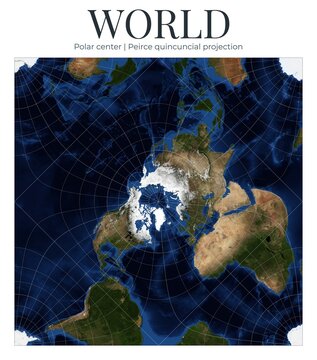 World Map in Peirce Quincuncial Projection. Polar center view. Detailed physical layout of Earth. April View. Elements of this image furnished by NASA.