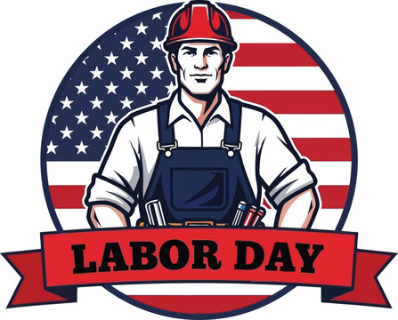 Labor Day American worker vector, construction man in hard hat, patriotic USA flag badge
