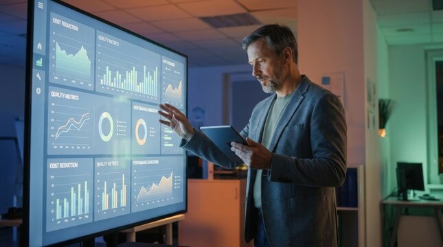 Business Analyst Presenting Digital Data Dashboard.