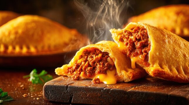 Close-up of a steaming hot Cornish pasty split open revealing savory meat and melted cheese filling on a rustic wooden board