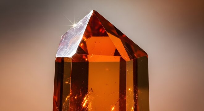 Close up of a faceted orange crystal illuminated with bright sunlight