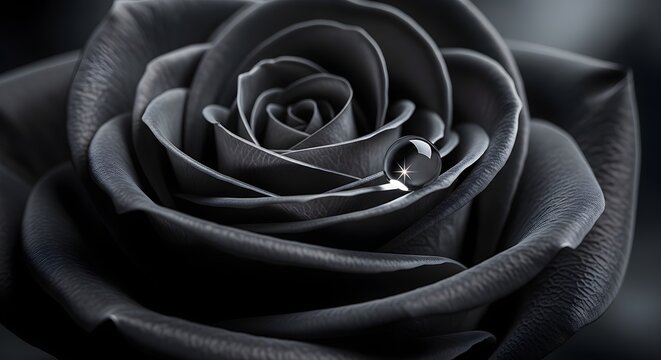 Close up of a single black rose with water droplet on petal against a dark background