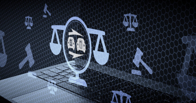 Digital legal concept representing the transition from traditional internal combustion engine vehicles to electric cars with scales of justice and legal symbols on a laptop