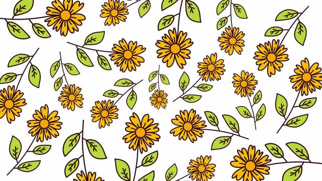 repeating pattern of yellow daisy flowers and green herbal leaves