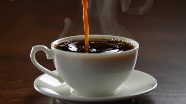 Cinematic slow motion coffee pouring into an elegant cup with rich texture and warm lighting. Premium commercial-style visual with smooth liquid motion and detailed steam.