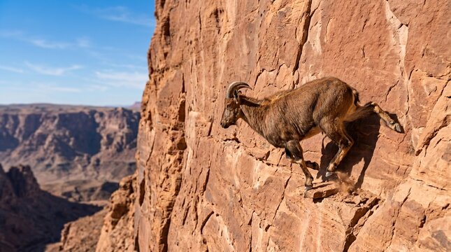 Aoudad Mountain Sheep Expertly Scales Rugged Red Desert Canyon Cliff Face.