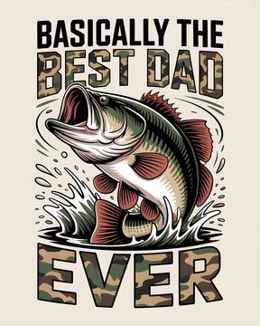 Humorous Father's Day Fishing T-Shirt Design with Camouflage Angler Illustration and Bass Fish Graphics for Dads