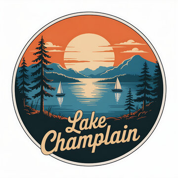 Vintage Circular Art of Lake Champlain Sunset - Serene Nature Landscape Illustration for Outdoor Adventure and Tranquil Retreat