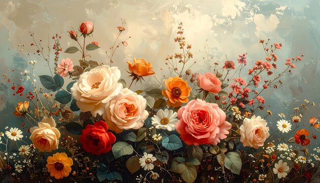 A vibrant floral arrangement with roses and wildflowers