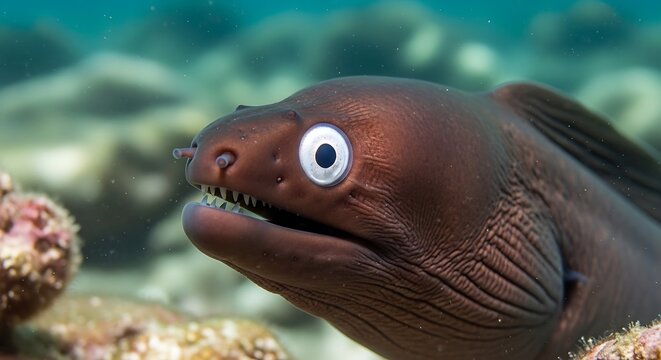 Close up of a moray eel underwater showing sharp teeth and detailed features