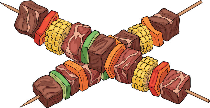 Grilled beef skewers with corn and vegetables barbecue kebab isolated illustration