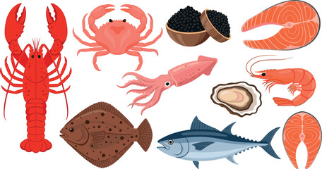 Naklejka premium Fresh seafood assortment lobster crab fish caviar oyster shrimp squid illustrated collection