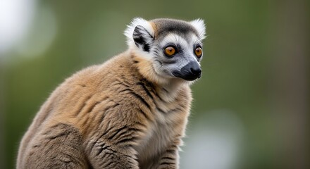 Fototapeta premium Close up of a ring tailed lemur on a blurred green background
