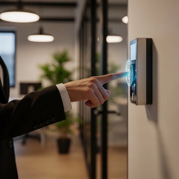 Close up of businessman hand pressing finger on biometric scanner for office access control.