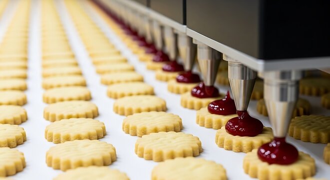 Industrial cookie production line, automated pastry filling, jam-filled cookies manufacturing process