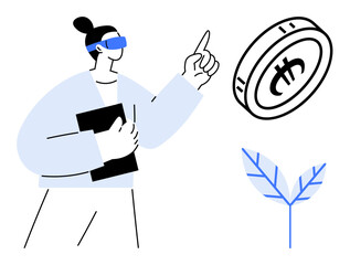 Fototapeta premium Virtual currency, eco investing, blockchain innovation, technology, green finance, sustainability. Person wearing VR glasses pointing at a cryptocurrency coin near a plant. Virtual currency and green