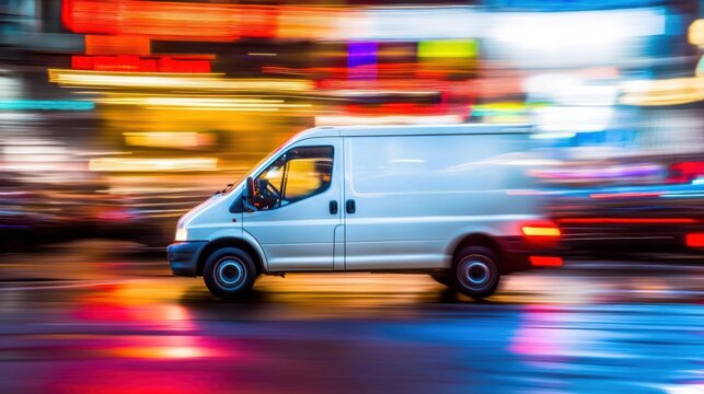 White van speeding down a city street at night, motion blur, colorful neon lights reflect on wet road