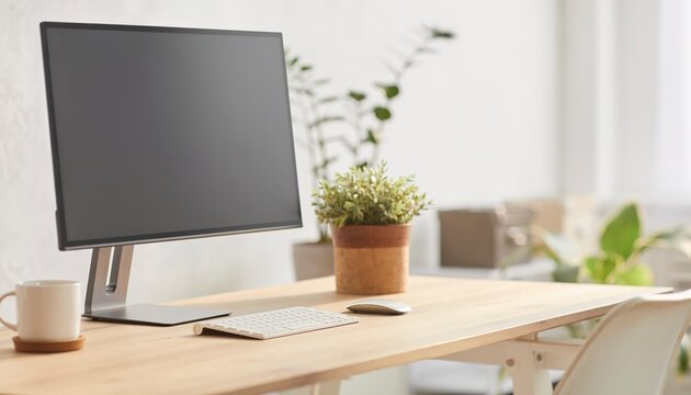 Minimalist Workspace: A modern monitor, sleek keyboard, and mouse rest on a light wood desk, complemented by a potted plant and a coffee mug, creating a clean and functional home office environment.