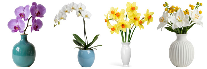 Naklejka premium Elegant collection of ornamental flower vases with beautiful blooming orchids, daffodils.